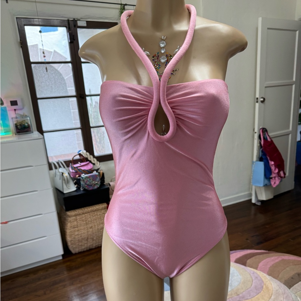 Adriana Degreas Shiny Pink Halter One Piece Swimsuit